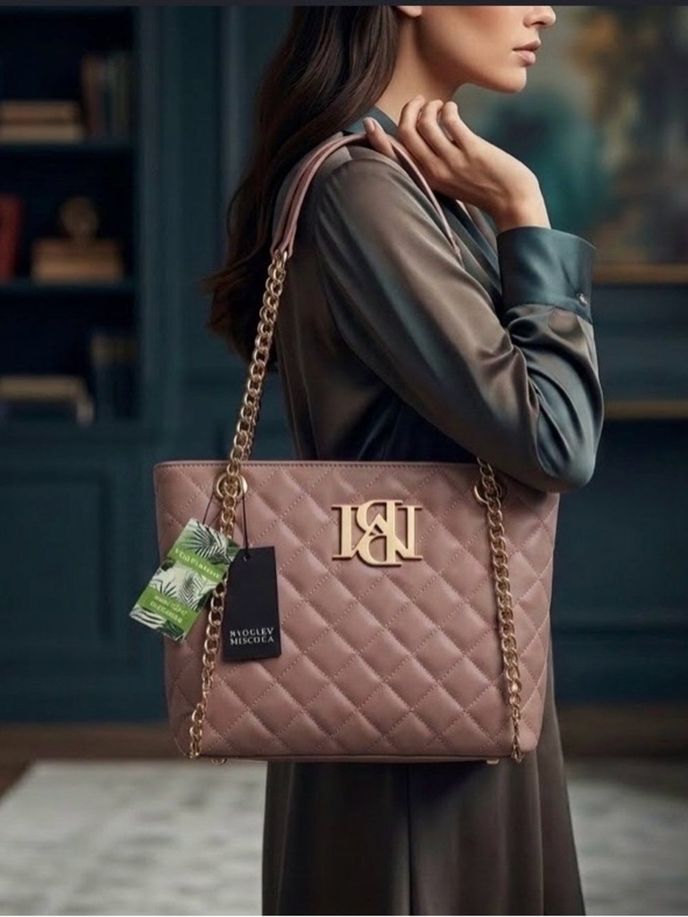 Badgley Mischka Quilted Tote in Blush Pink with Gold Chain Handles